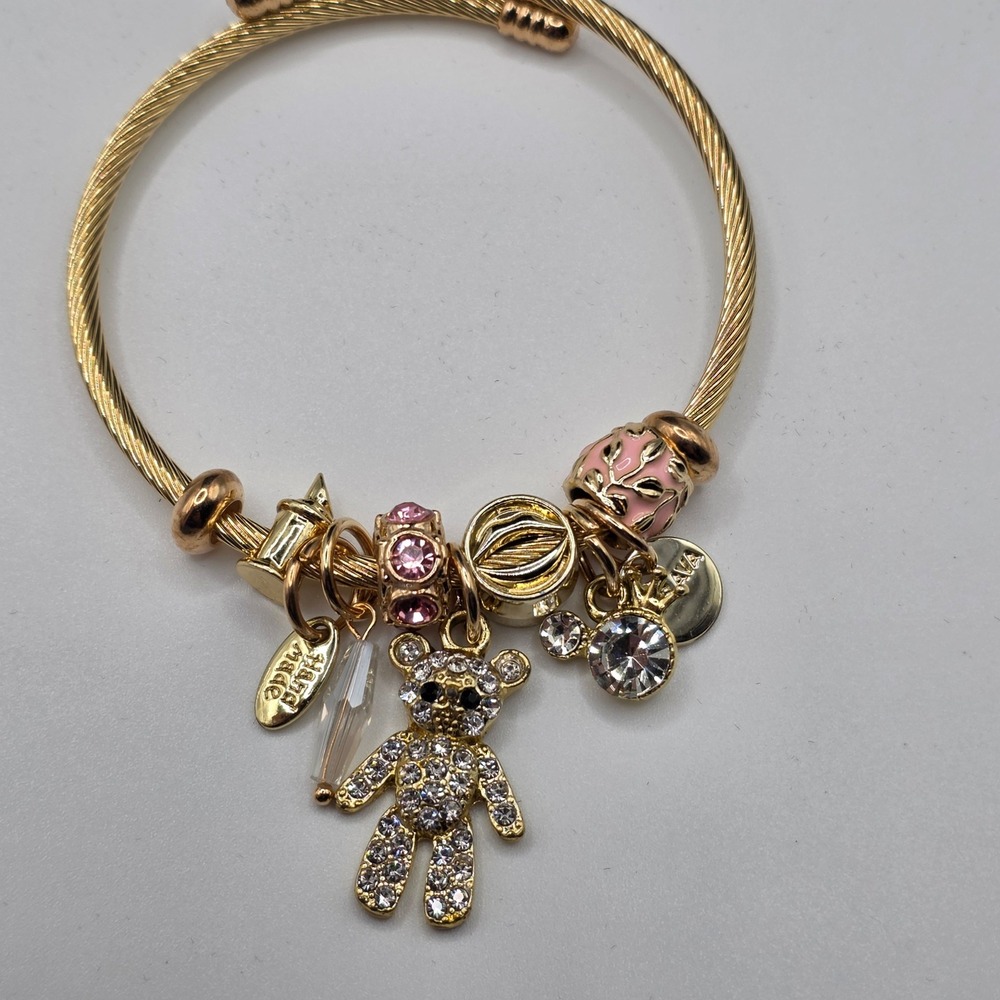 Morava Gold Tone Teddy Bear Charm Twisted Cable Bracelet Pink Crystal Bangle
